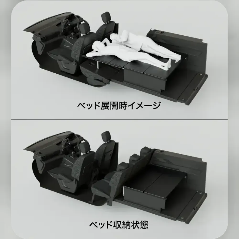 <p>専用アクセサリー「Agre Storage &amp; Bed Kit」を設定。ラゲッジルームに設置するだけでストレージモードと車中泊対応のベッドモードの2パターンが使用可能。展開時のベッドサイズは縦1,800mm×幅1,200mmで、大人2名の就寝が可能。5人乗り・7人乗り双方対応。</p>